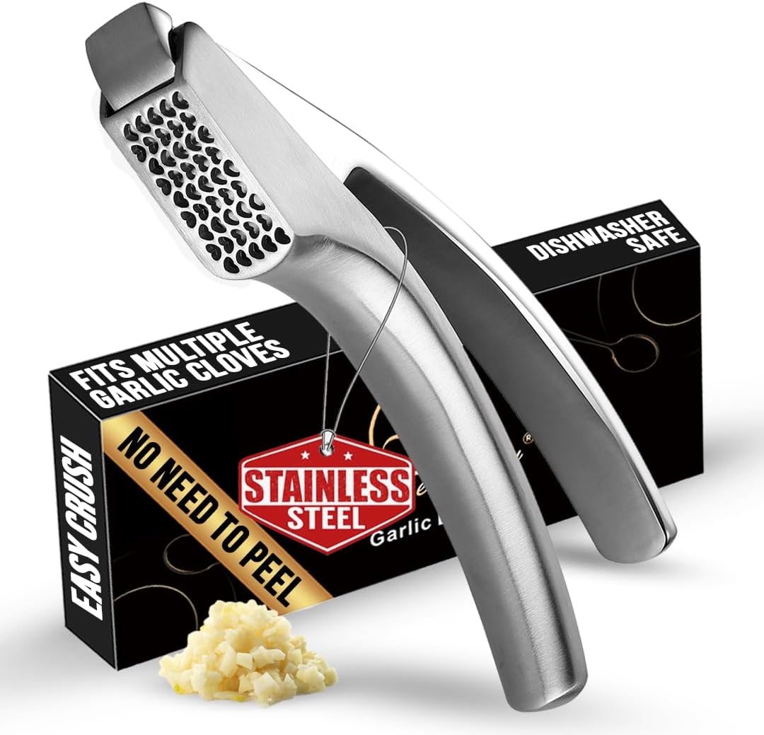 No Peeling Required Garlic Press Stainless Steel with Detachable Handle for Coarse Mincing - Premium Garlic Mincer Tool, Rust-Proof, Easy to Clean, Dishwasher Safe Garlic Crusher, Lifetime Replacement