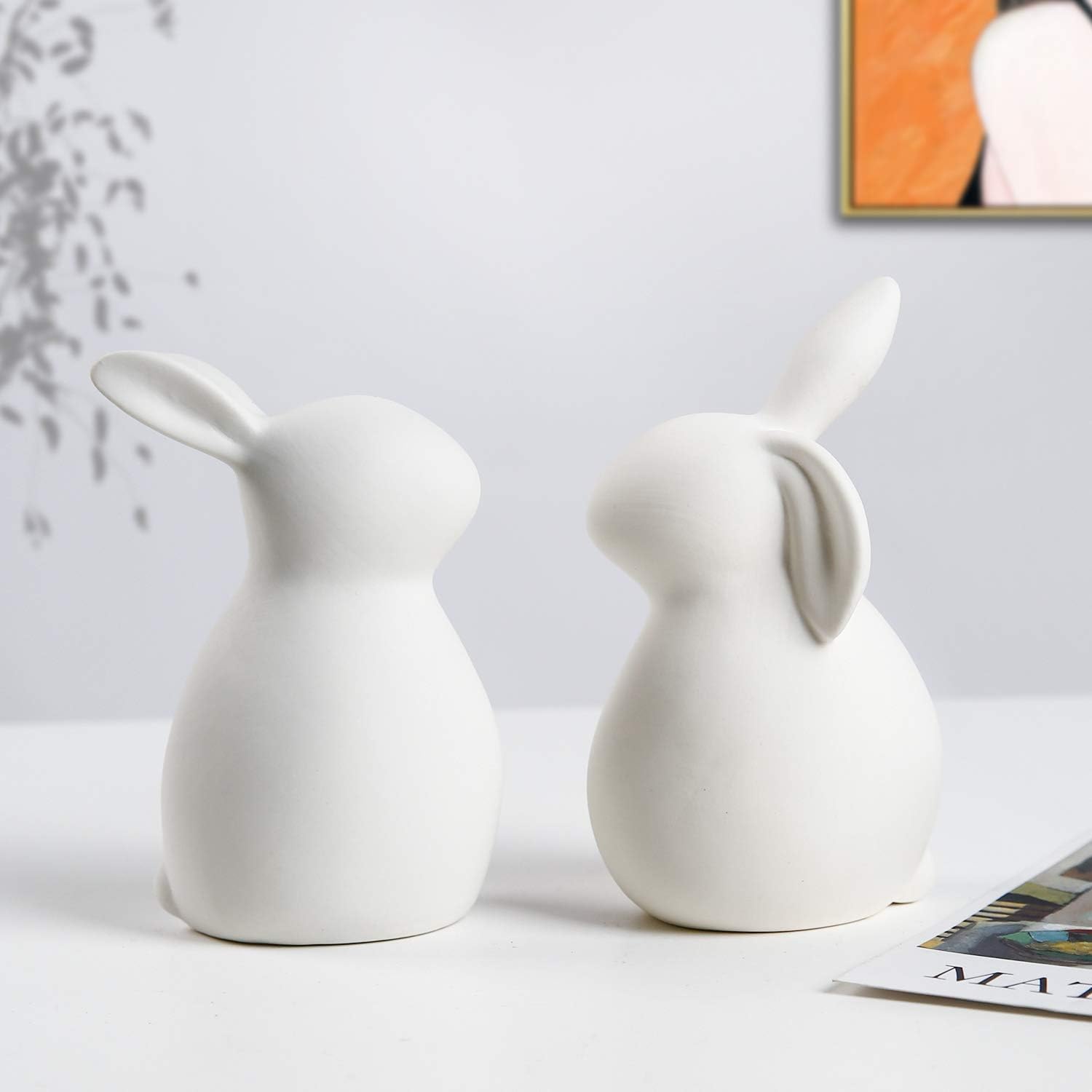 GOODSTART Ceramic White Rabbit, Christmas Decorations Rabbit, Thanksgiving Couple Rabbits, Porcelain Modern Art Home Decoration, Weddings Crafts Gift, a Set of 2, Easter Bunny Rabbits, Easter Decor