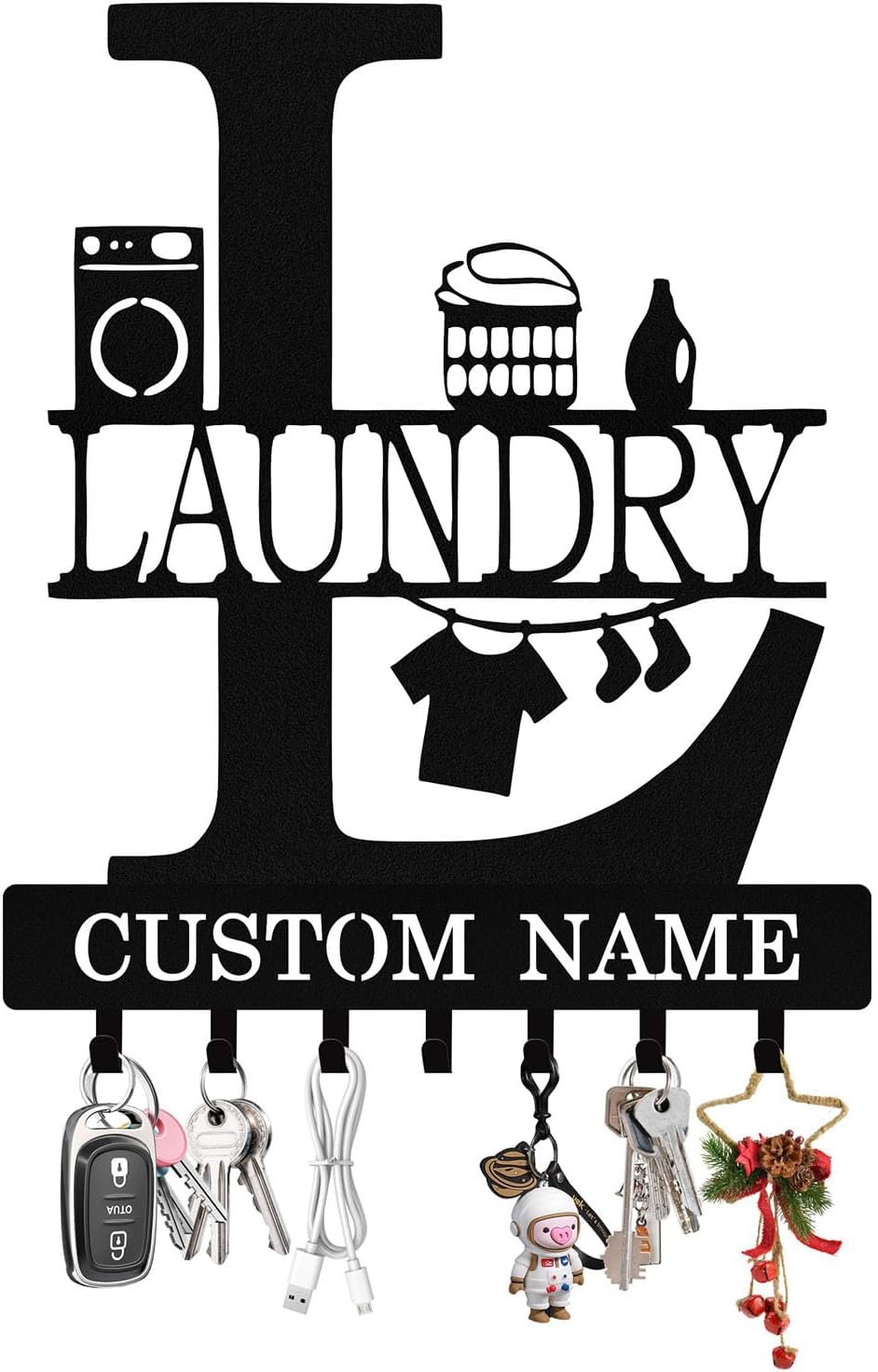 Personalized Laundry Key Holder Wall Mount, Custom Metal Key Rack Holder with Name, Wall Keys Hanger with Hooks for Entryway, Front Door, Hallway, Kitchen, Living Room