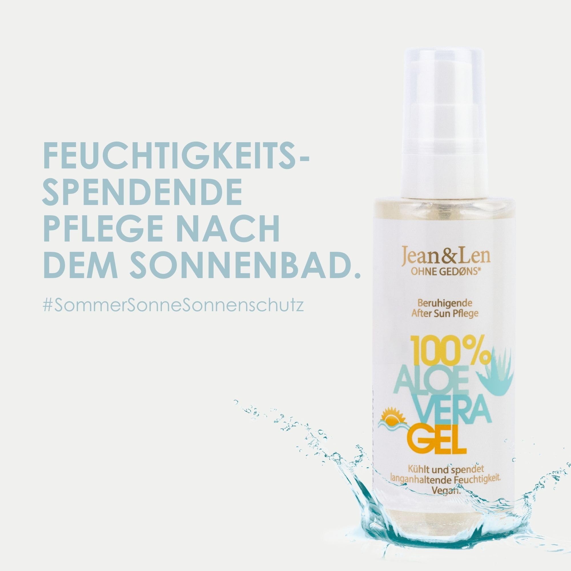 Jean & Len Après Sun Aloe Vera żel wspomagający pielęgnację w przypadku poparzeń słonecznych, uspokaja i chłodzi skórę, nawilża, bez silikonów, parabenów, nanocząsteczek i emulgatorów, wegański, 100