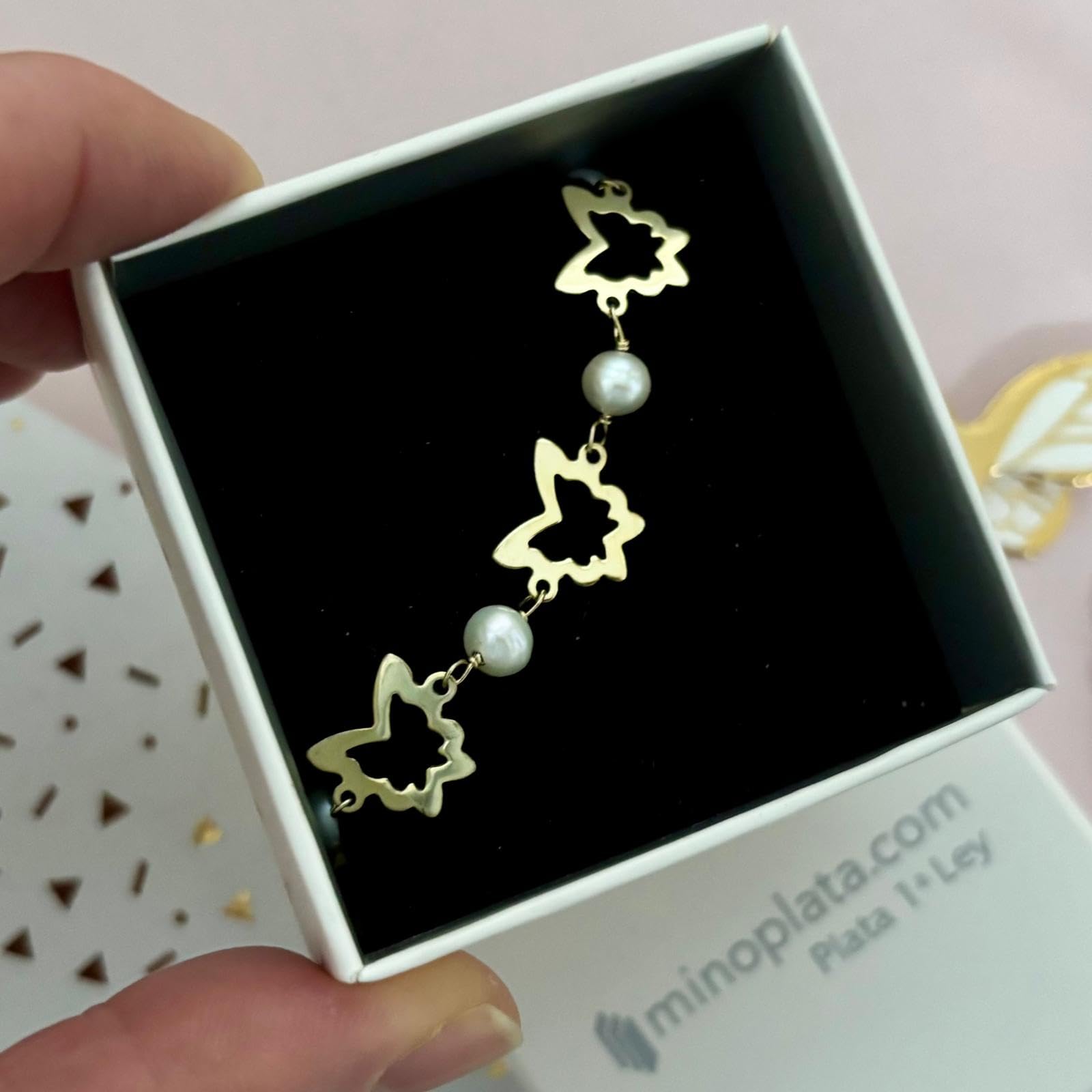 Pulsera Mariposas de Plata de Ley 925 Chapada en Oro con Perlas Cultivadas, Primera Comunión, 16 cm Ajustable
