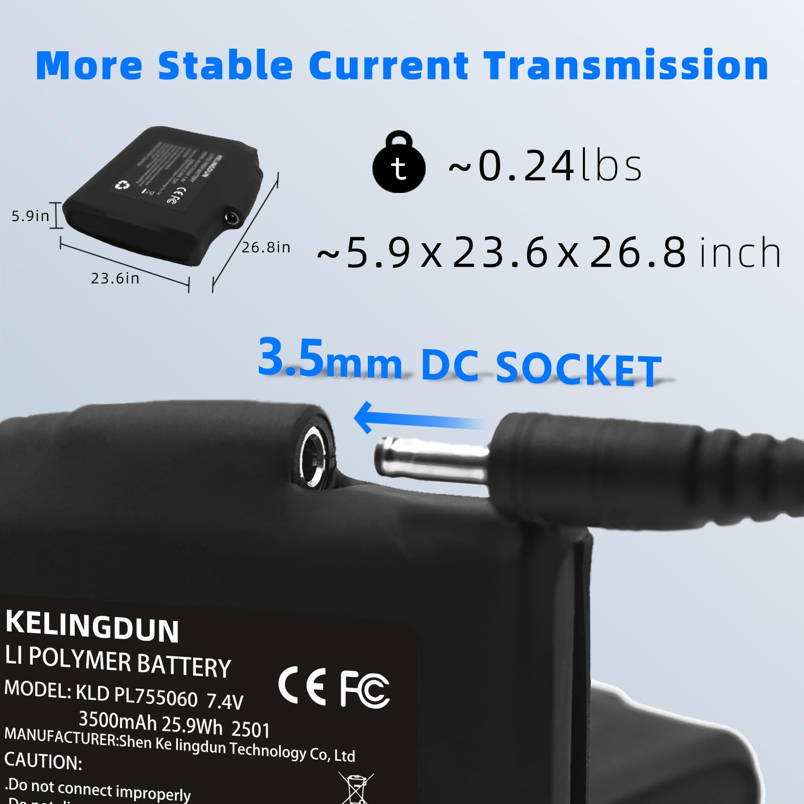 Kelingdun 2pcs 7.4V 3500mAh Lithium Polymer Batteries.Rechargeable Li-Polymer Batteries for Heated Gloves, Socks,and Jackets, Ideal for Skiing,Fishing,and Winter Sports. Female DC Jack Compatibility.