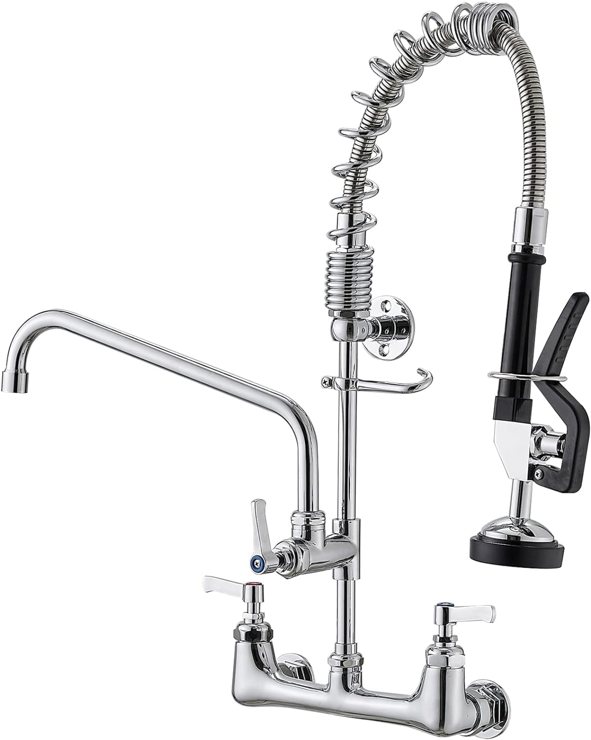 Commercial Faucet Kitchen Sink Faucet 20" Height with Pre-Rinse Sprayer with 12 Inch Add-On Swing Spout, Wall Mount Faucet 8" Center, Polished Chrome