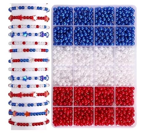 1200 Pcs 6mm Plastic Beads Patriotic Pearl Beads Small Round 4th of July Independence Day Jewelry Making for Necklace Bracelets Earrings (Red White Blue)