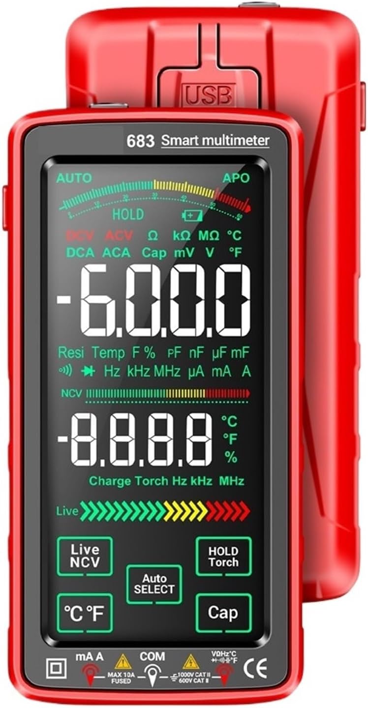 683 High-end Touch Smart Multimeter 6000 Counts Multimetro Test Rechargeable Multitester AC/DC Voltage Tester Current(683 Red)