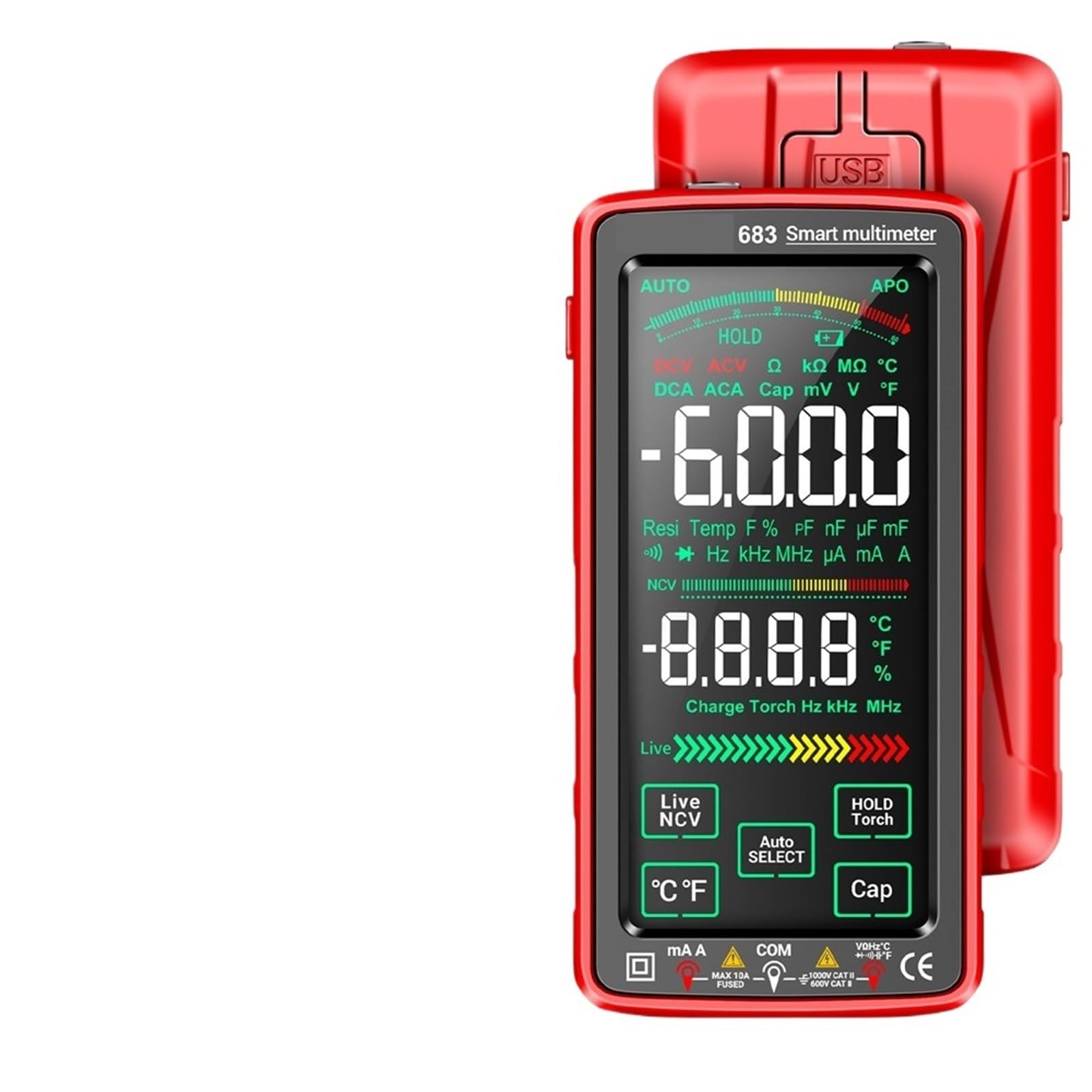 683 High-end Touch Smart Multimeter 6000 Counts Multimetro Test Rechargeable Multitester AC/DC Voltage Tester Current(683 Red)