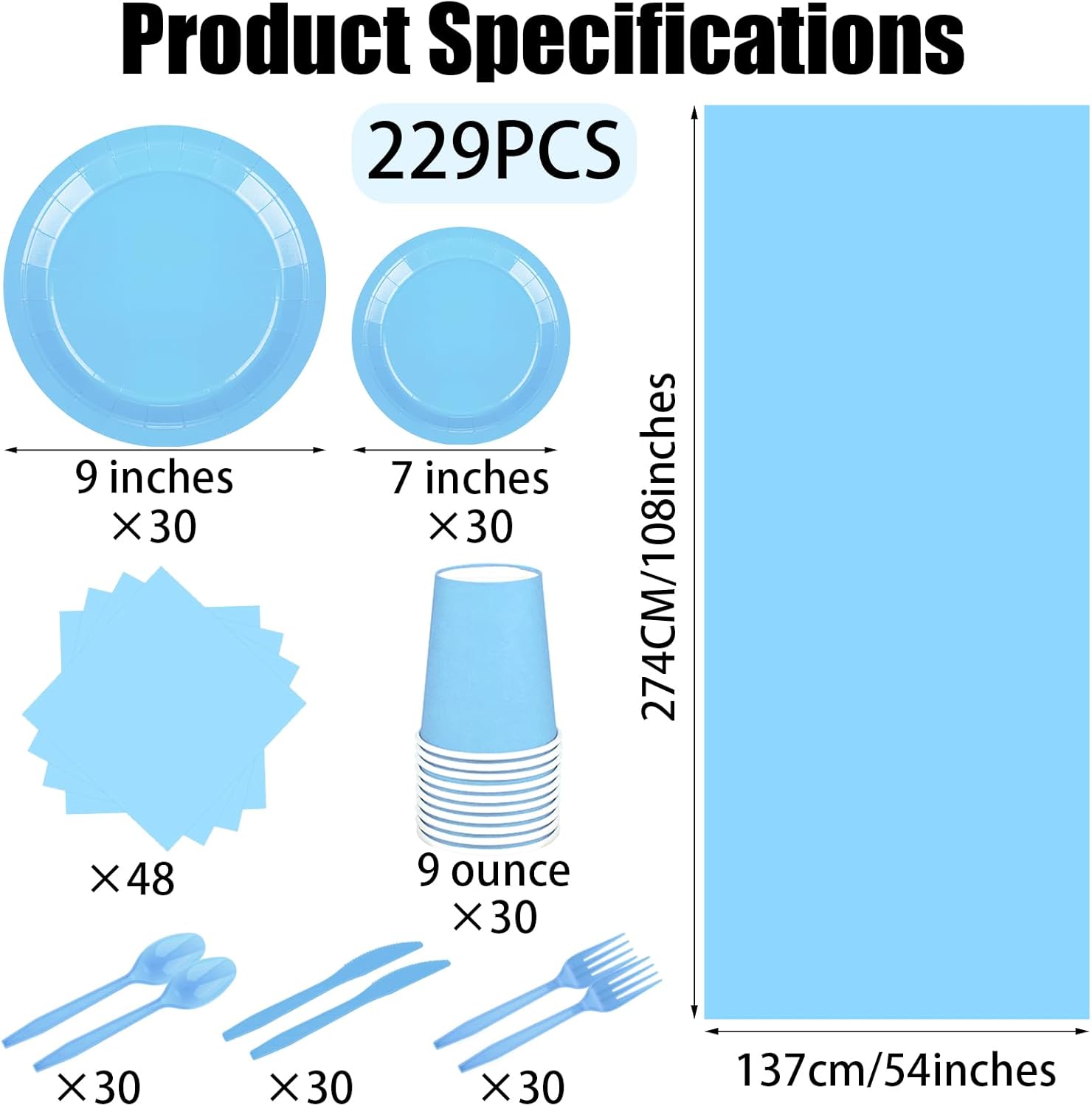 TWOWYHI 229PCS Light Blue Party Supplies Set Paper Disposable Plates Cups Plastic Spoons Forks Knives Light Blue Napkins for 30 Guests Disposable Party Dinnerware Sets for Wedding Birthday Parties