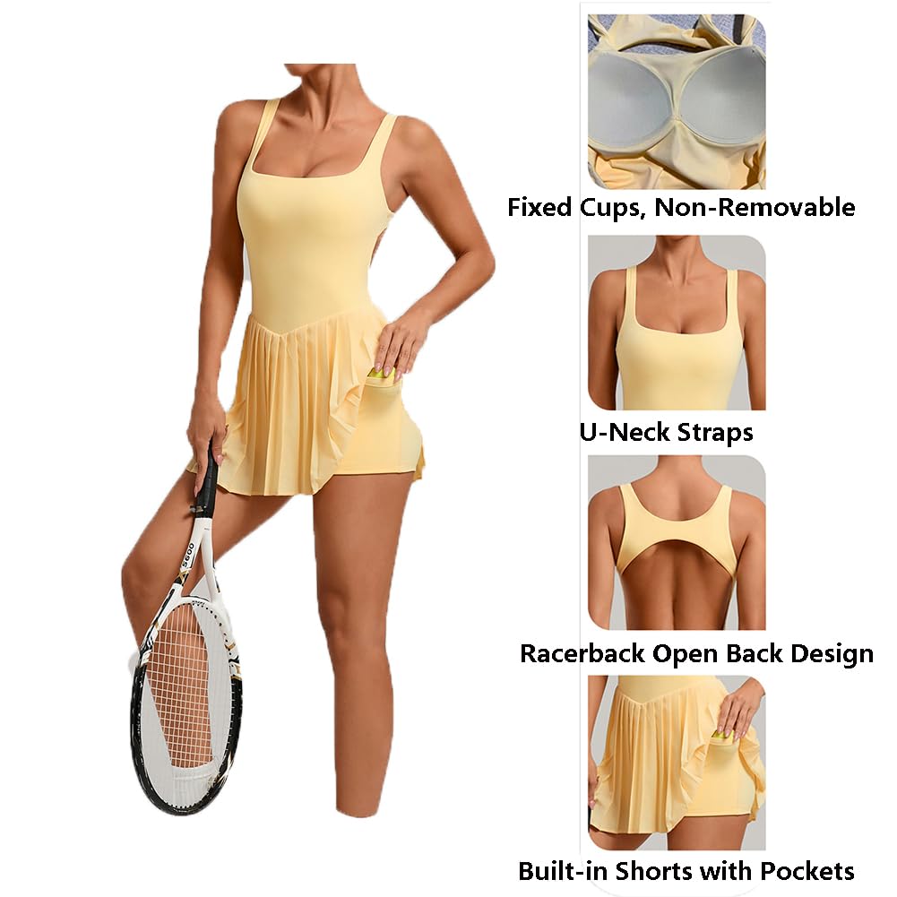 Vestido Tenis Mujer con Short y Sujetador Integrado, Vestido Deportivo Mujer Cuello Cuadrado Espalda Abierta, Plisado Fitness Yoga Golf con Bolsillo(L, Yellow)