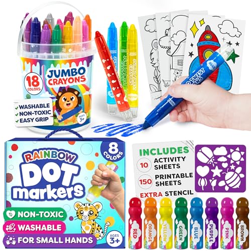 Momo & Nashi Dot Markers for Toddlers & 18pcs Large Toddler Crayons - Preschool Learning Activities - Kids Christmas Gifts - Gifts for 3 Year Old Boys & Girls