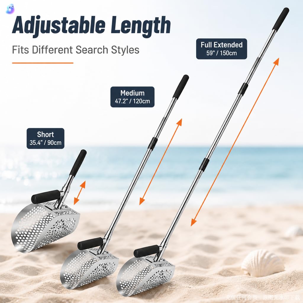 Paletta per sabbia da spiaggia in acciaio inossidabile 304, manico lungo 142,2 cm, pala staccabile per metal detector per setacciare la sabbia e caccia al tesoro, viene fornita con una pala da sabbia