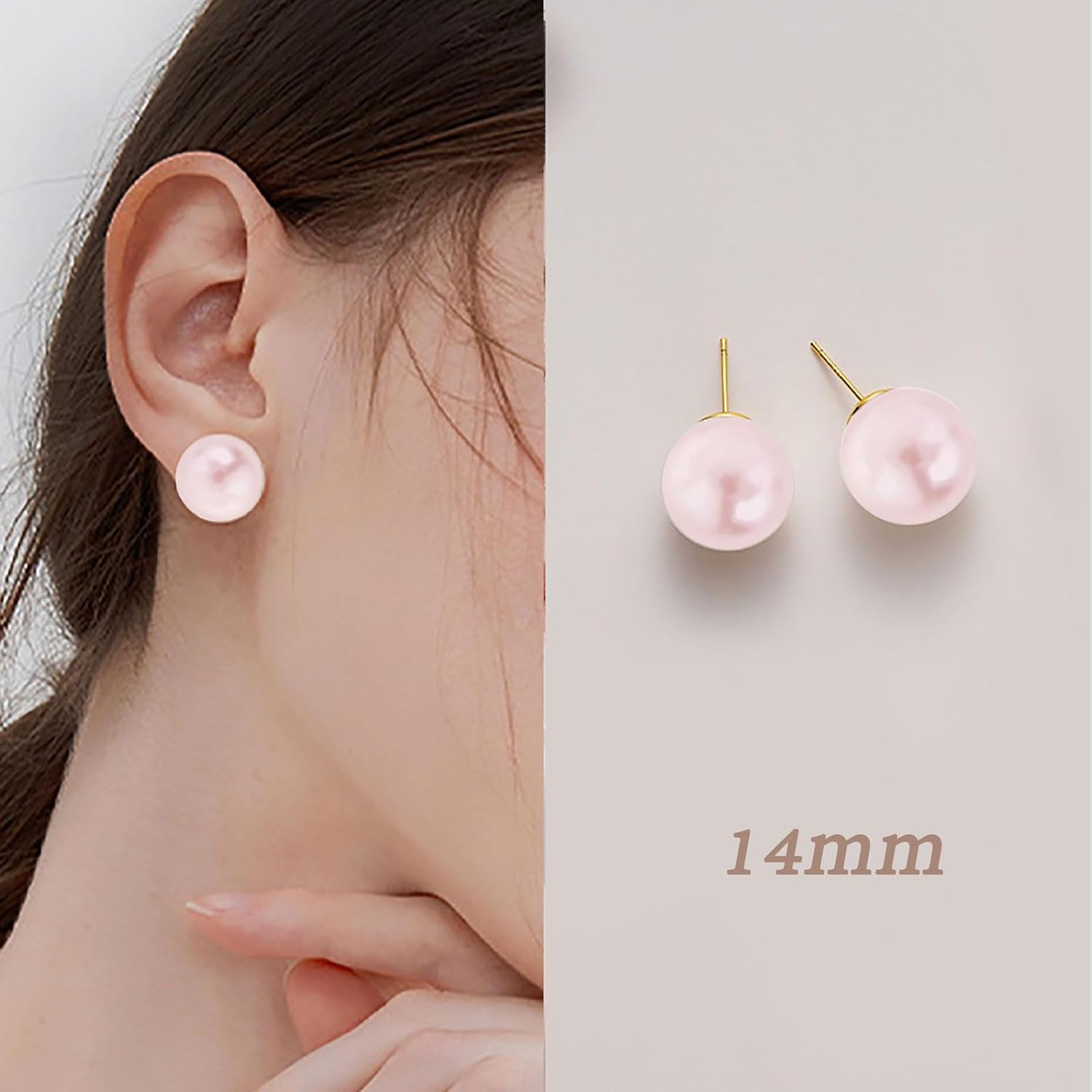 Big Pearl Earrings for Women - Oversized Pink Faux Pearl Earrings, 14K Gold Plated Sterling Silver Hypoallergenic