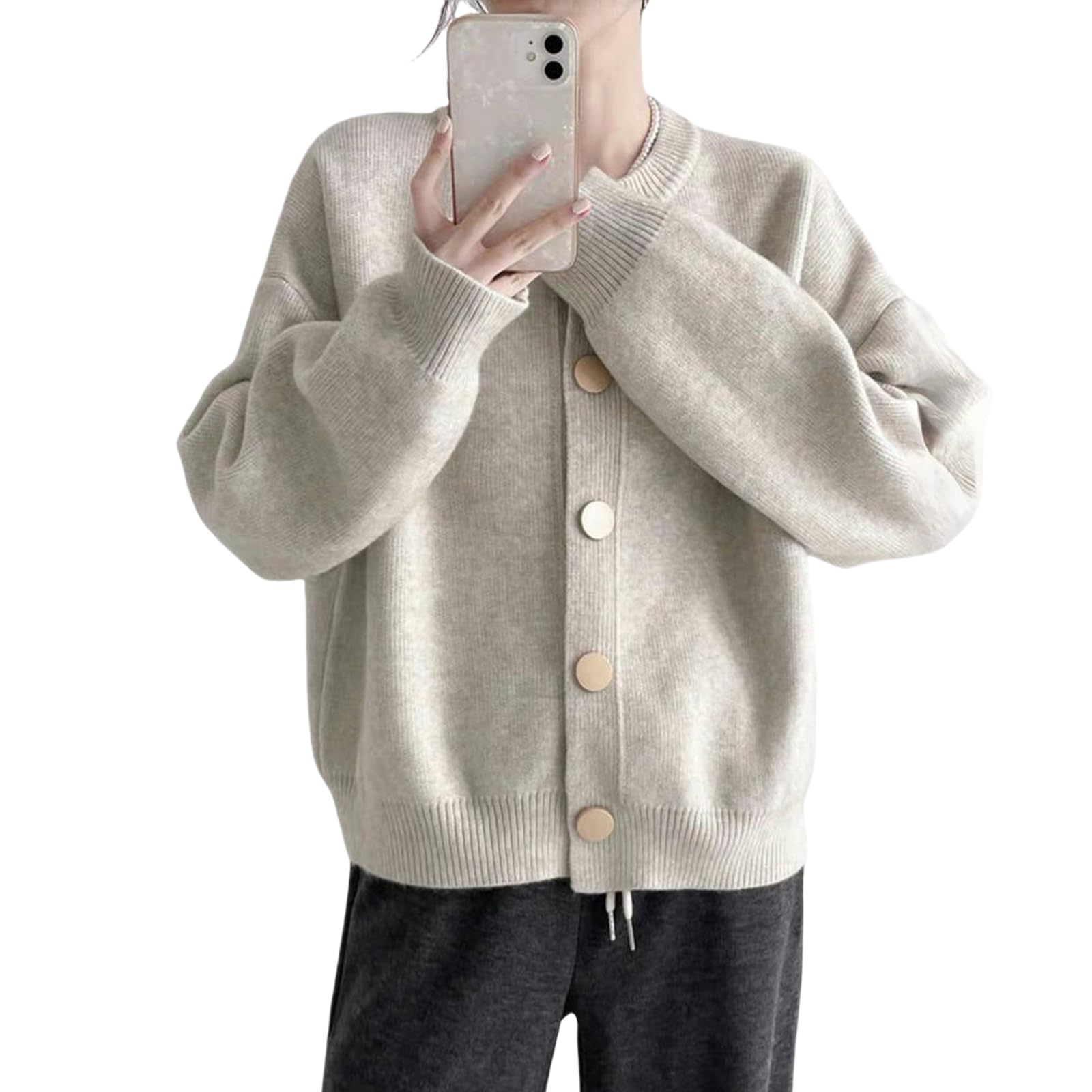 Womens Oversized Crewneck Cardigan - Loose Fit Button-Front Knit Sweater Jacket