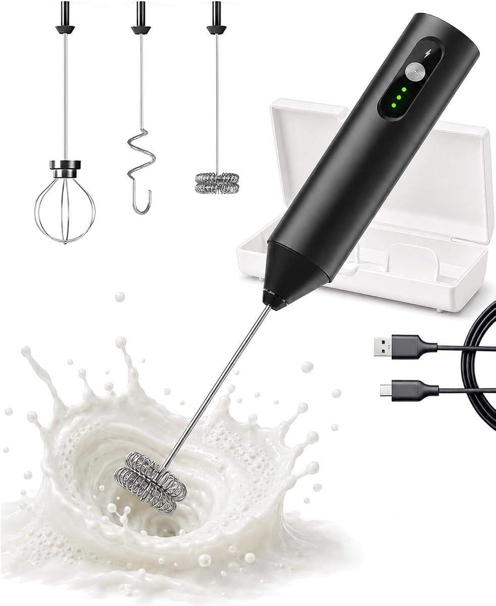 Rechargeable Electric Milk Frother Handheld, Hand Mixer Coffee Frother Wand | Portable Drink Mixer with 3 Speeds, 3 Whisk Heads, Storage Case, Electric Whisk for Matcha Lattes Cappuccino, Kitchen Gifts