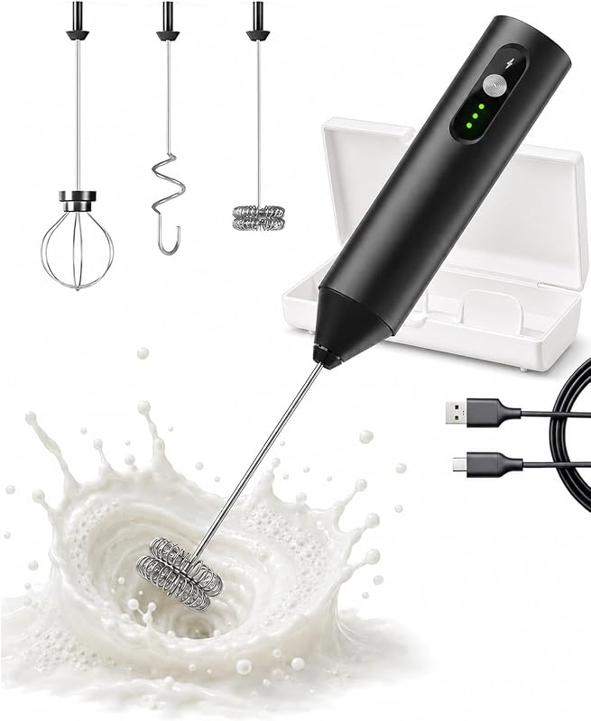 Rechargeable Electric Milk Frother Handheld, Hand Mixer Coffee Frother Wand | Portable Drink Mixer with 3 Speeds, 3 Whisk Heads, Storage Case, Electric Whisk for Matcha Lattes Cappuccino, Kitchen Gifts