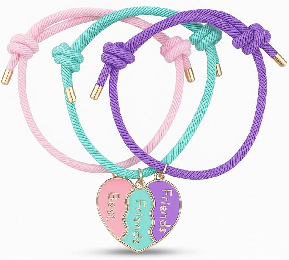 Pulseiras de Amizade com Pingente de Coração, Kit 3 Unidades, Cordão Trançado Ajustável, Rosa, Turquesa e Roxo