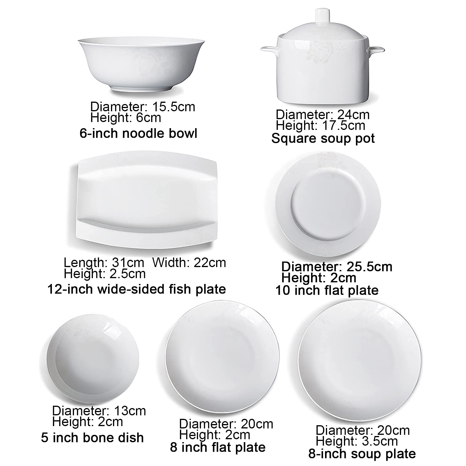 50-częściowy zestaw obiadowy, biały porcelanowy naczynia kuchenne z porcelany kostnej zestaw kombi z miską na płatki talerz deserowy talerz do zupy talerze rybne naczynia i garnek do zupy na 10
