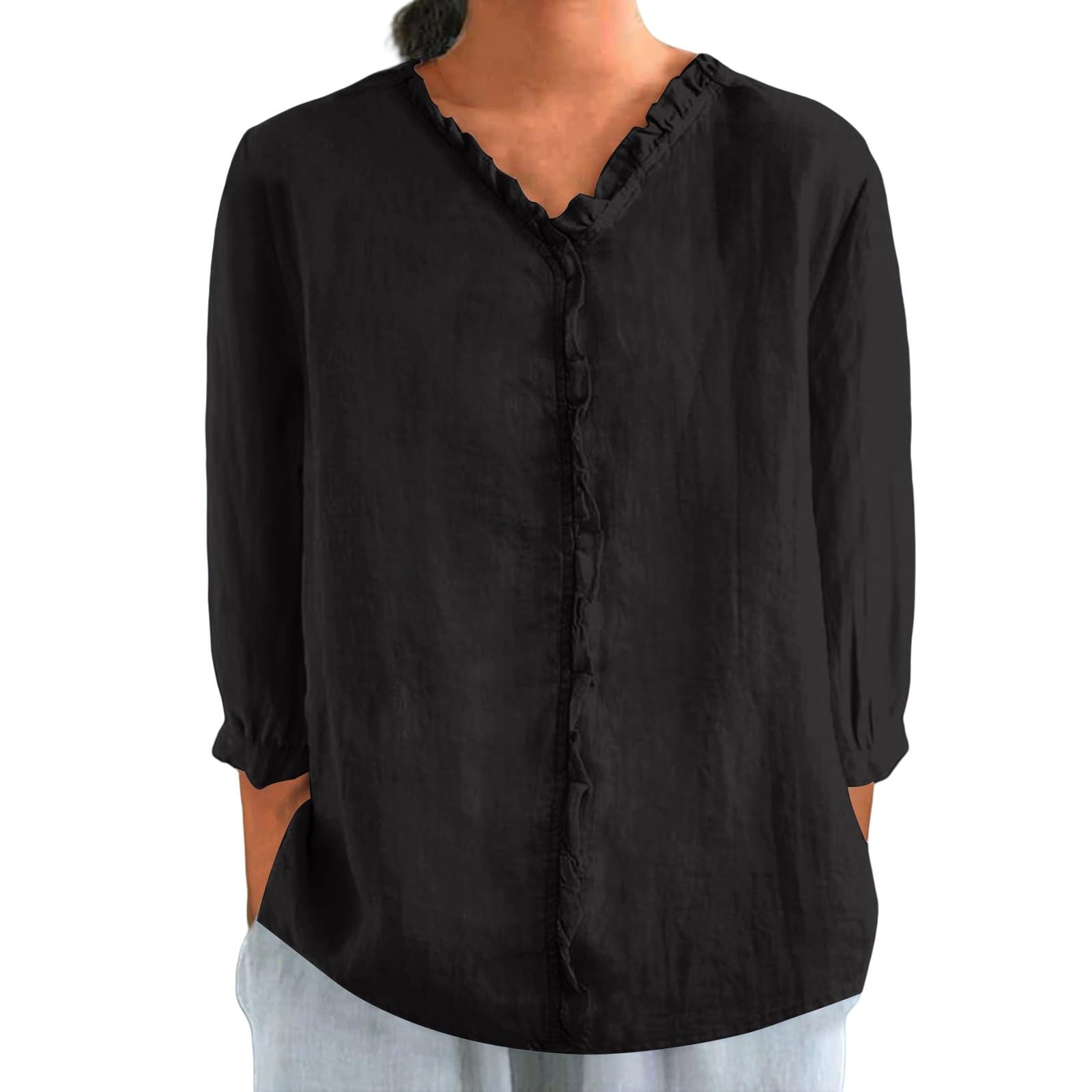 Camiseta manga 3/4 mujer – Camiseta mujer cuello en V Shirt algodón lino microfibra camisas con volantes color liso túnica suelta cómoda Blusa versátil elegante Summer Tops Fashion Casual