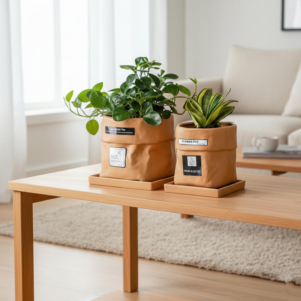 Nihow Keramik-Blumentopf: 20,3 cm Übertopf mit Drainageloch & quadratischer Untersetzer für Kräuter/Pflanzen, Taschenform-Design, Blumentopf für Innen- und Außenbereich, Gartendekoration, Terrakota