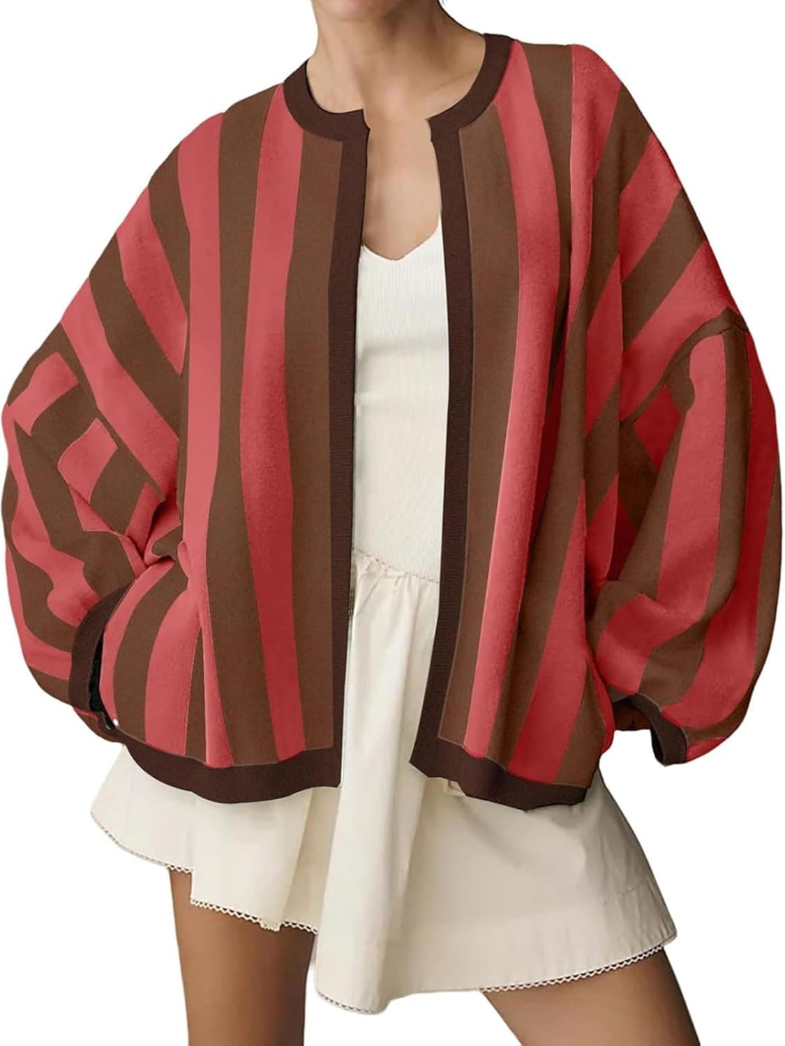 CHARTOU Womens Contrast Striped Open Front Cardigan Oversized Balloon Sleeve Knit Fall Sweater Coatigan