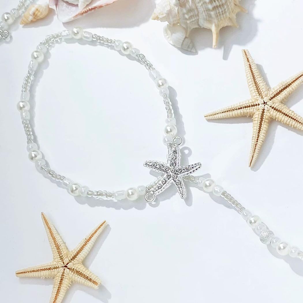 Sandalias tobilleras descalzas con punta de perla, sandalias estilo bohemio con cuentas, tobillera para playa, anillo de boda, accesorios de cadena de pie para mujer, 2 unidades, Talla única 2