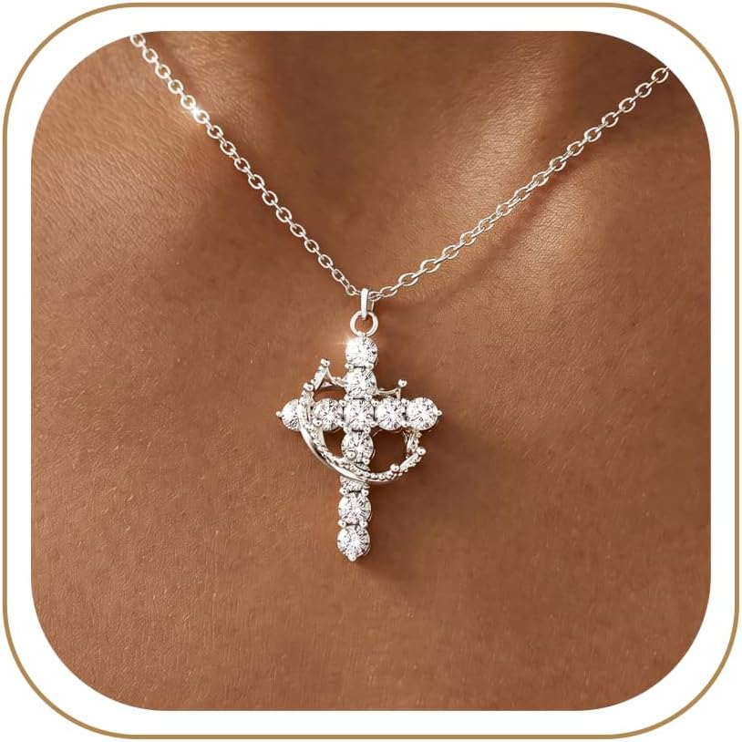 Crown Cross Necklace Sterling Silver Jesus Faith Baptism Gifts for Women