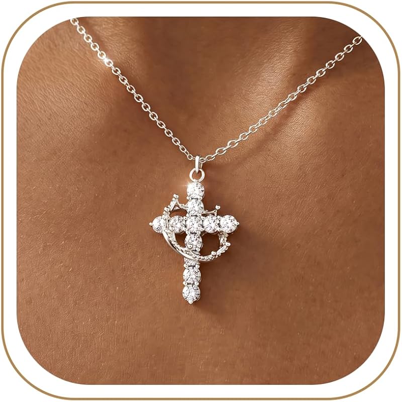 Crown Cross Necklace Sterling Silver Jesus Faith Baptism Gifts for Women