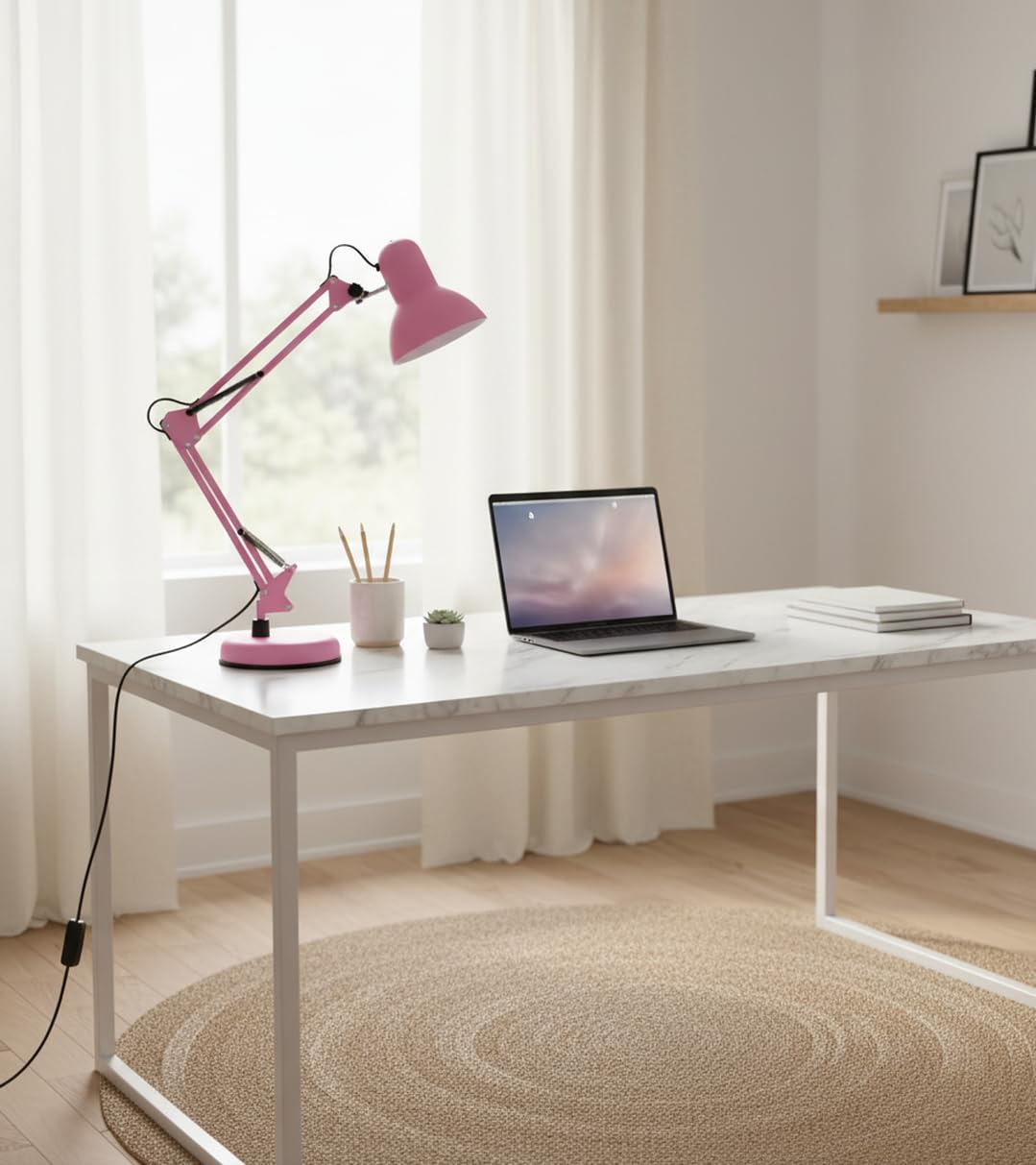 BEL AIR HOME - Lampada da scrivania a LED - Braccio snodato - Design vintage retro - 1xE27 - Lampada per scrivania, lampada da tavolo bimbo - Rosa opaco, Metallo (lampadina non inclusa)