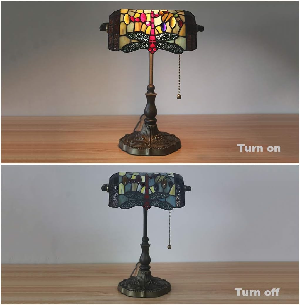 Tiffany Style Bankers Lamp, 10 Inches Vintage Stained Glass Shade Banker Desk Lamp for Bedroom, Beside,Office, Zinc Alloy Base,Pull Cord Switch,Dragonfly