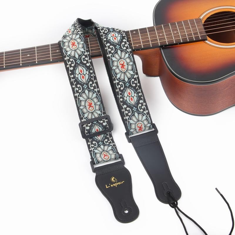 OUTFYT Rock Punk Jacquard broderie coton fleur sangle de guitare bleu vert guitare basse électrique longueur réglable 90-140 cm - Les Beatles, Paul McCartney, John Lennon, RIngo Starr, George Harrison OUTFYT Rock Punk Jacquard broderie coton fleur sangle de guitare bleu vert guitare basse électrique longueur réglable 90-140 cm – Image 4