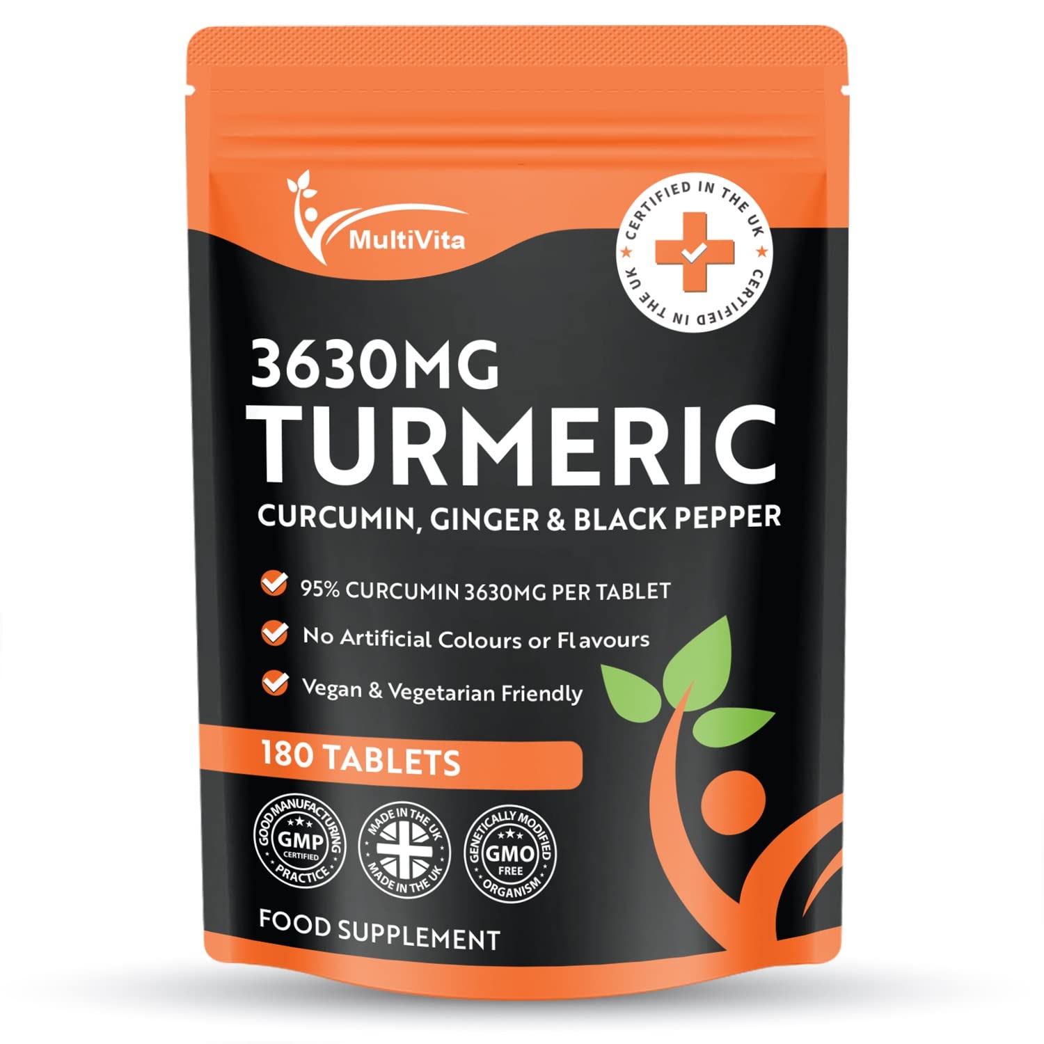 Turmeric Curcumin Plus Ginger and Black Pepper Tablets | 180 x 3,630mg High Strength Vegan Tumeric Supplement (Not Capsules or Powder) Natural Joint Aid UK Made GMP