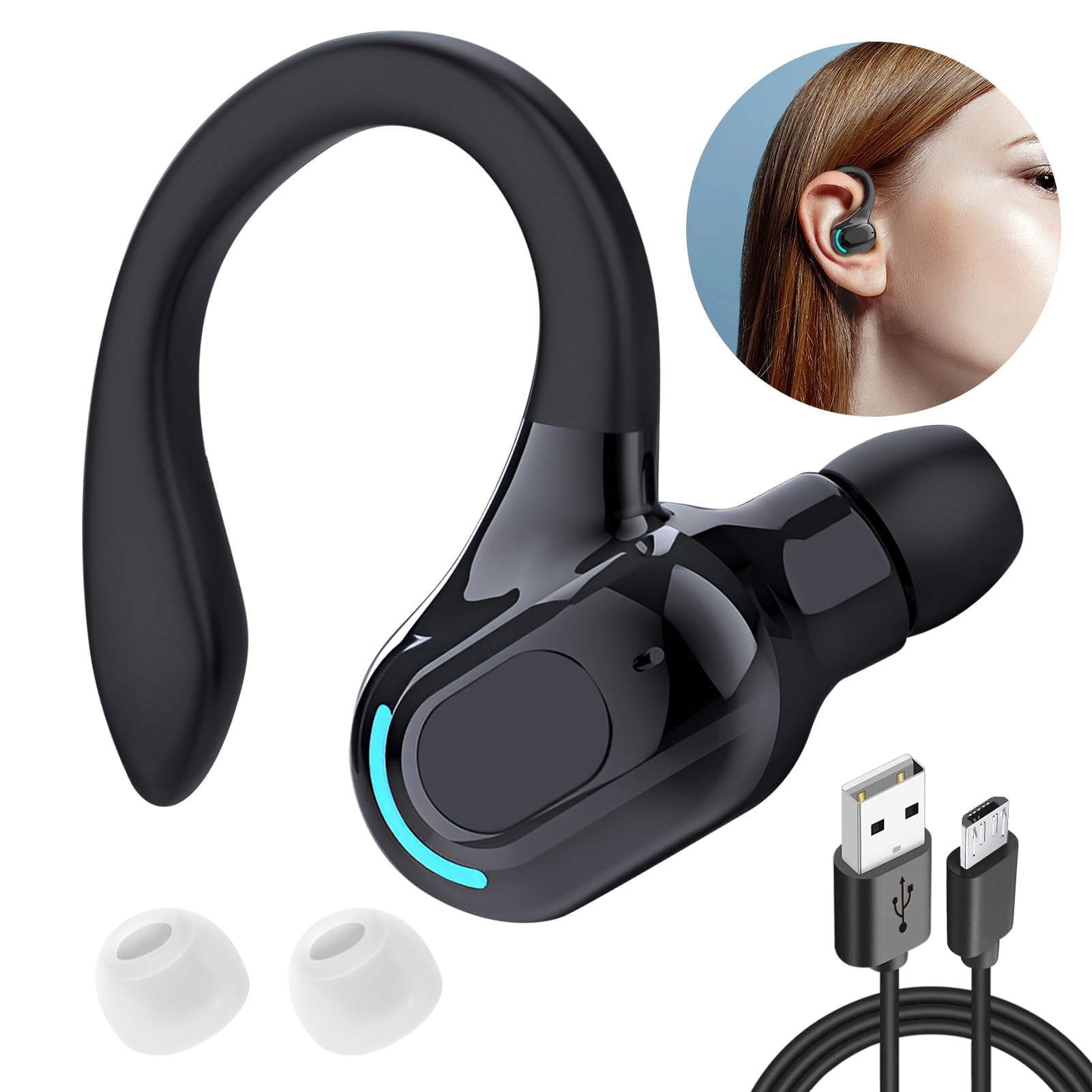 Auricolare Bluetooth V5.2 Singolo Senza Fili con Integrato Microfono Cuffie Mono Wireless Riduzione Rumore Sportivo Lungo Raggio HD Chiamata 20 Riproduzione per iPhone Android PC con Cavo di Ricarica