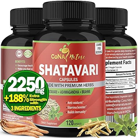 Cona Nature Organic Shatavari Powder Capsules 2250MG with Ashwagandha, Brahmi Extract | Support Women Health, 120 Vegan Capsules Cover