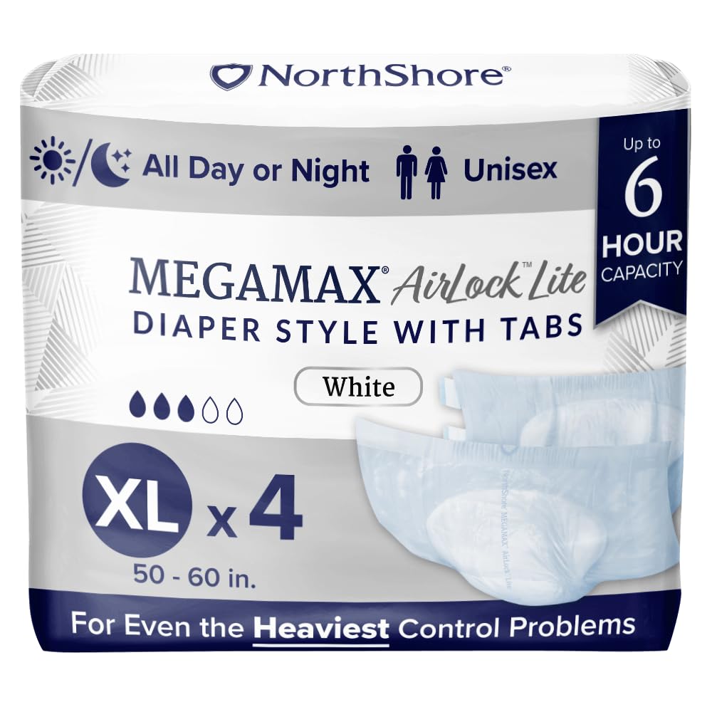 NorthShore MegaMax AirLock Lite Breathable 6-Hour Tab-Style Adult Diapers, X-Large, Starter Pack of 4, White, 50-60 inches, Unisex Incontinence Underwear