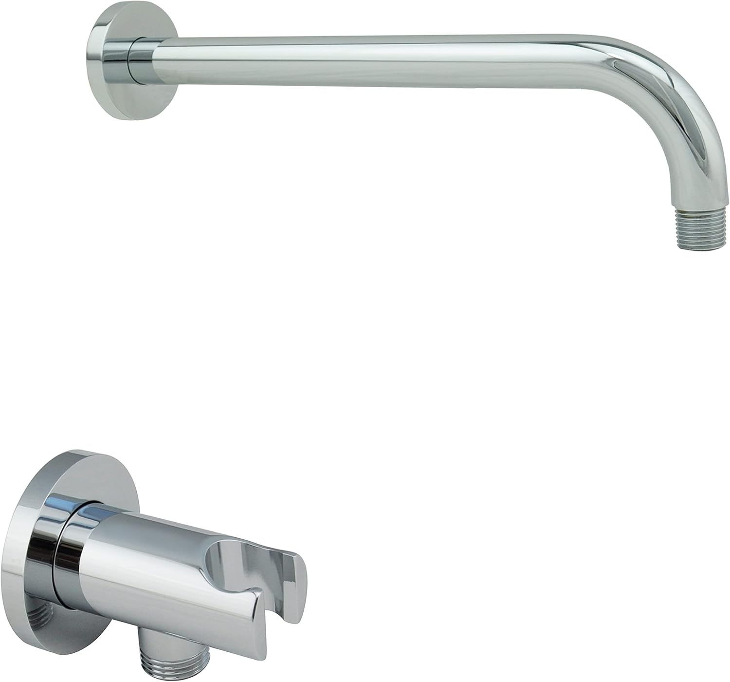 Aquaiaw Shower Arm and Wall Supply Elbow Bundle, 12 inch Wall Mount Shower Arm with Anti-Scratch Flange, Wall Union with Handheld Shower Head Holder, Both Solid Brass, Both Polished Chrome, Round