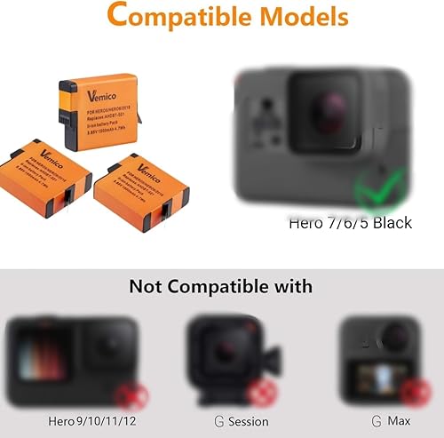 Miniatura 2 de Vemico Hero 7 - Juego de 3 baterías Hero5 de 1500 mAh con cargador LED tipo C AHDBT-501 batería para GoPro Hero 7 Negro, Hero 6, Hero 5, Hero 2018