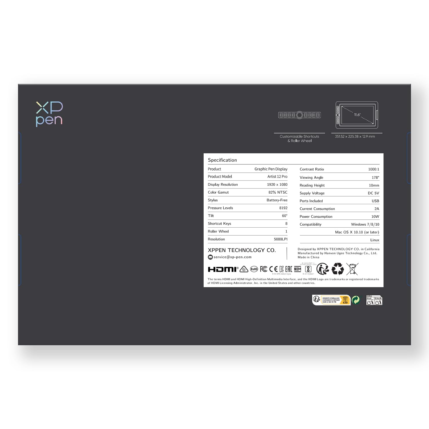 XP-PEN Artist 12 Pro Tablette Graphique avec Ecran HD IPS 11.6" Stylet à 8192 Niveaux avec Inclinaison et 8 Touches de Raccourcis - Compatible avec Mac, Windows | Écran Laminé Anti-Parallaxe | Couleurs 72% NTSC | Stylet 8192 Niveaux | Molette Personnalisa