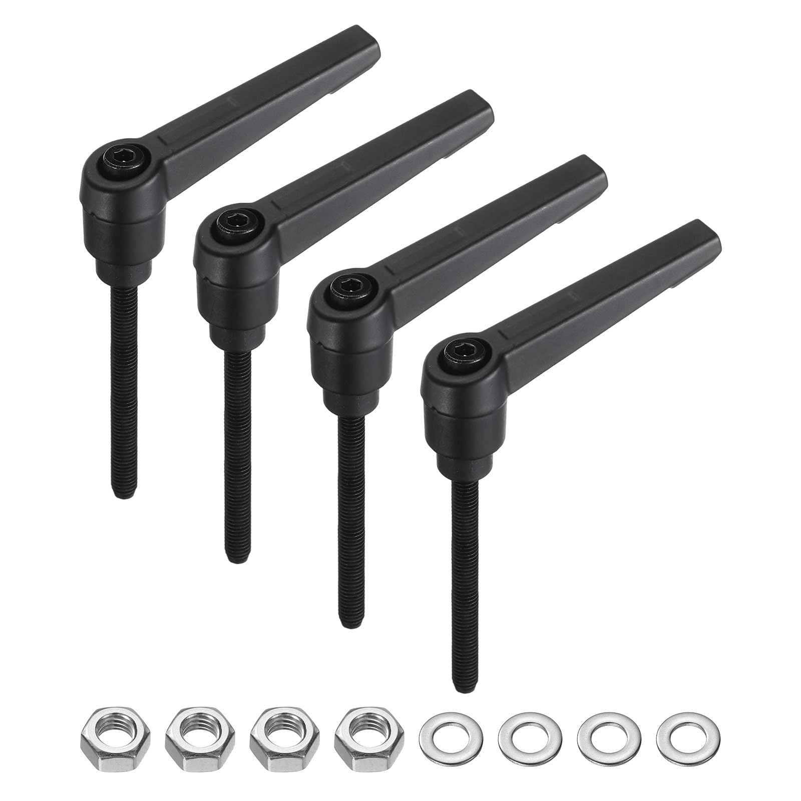 uxcell 4pcs Lever Adjustable Handles M5 x 50mm Metric Male Thread with Nuts Washers, Level Clamping Handle Set Hand Stud Knobs Rotating Screw Handles Bolts with Locking Lever, Black