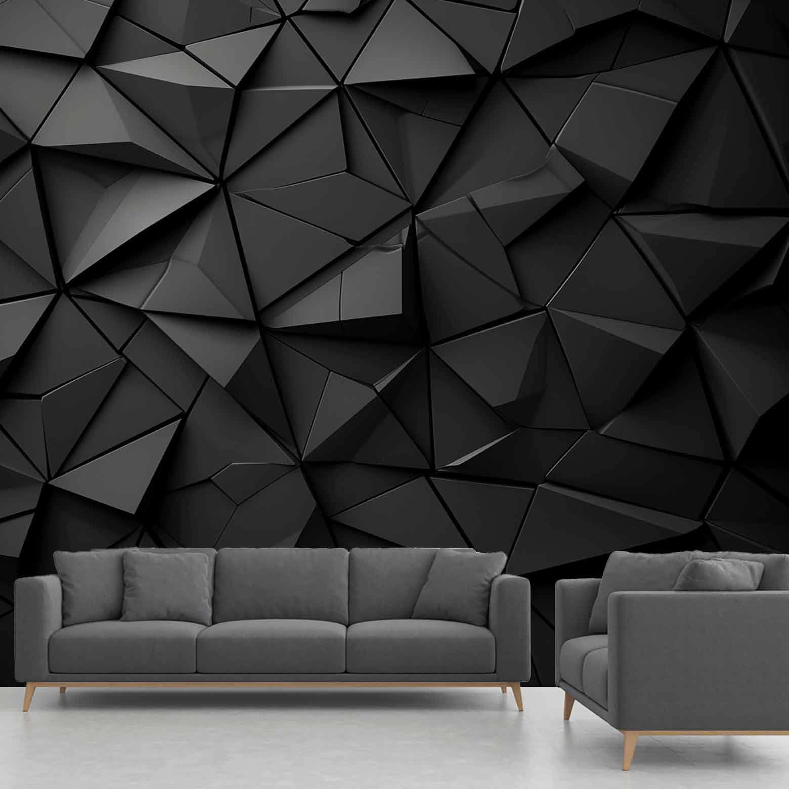 Papier peint géométrique panoramique noir 3D intissé adhésif salon 400x255cm