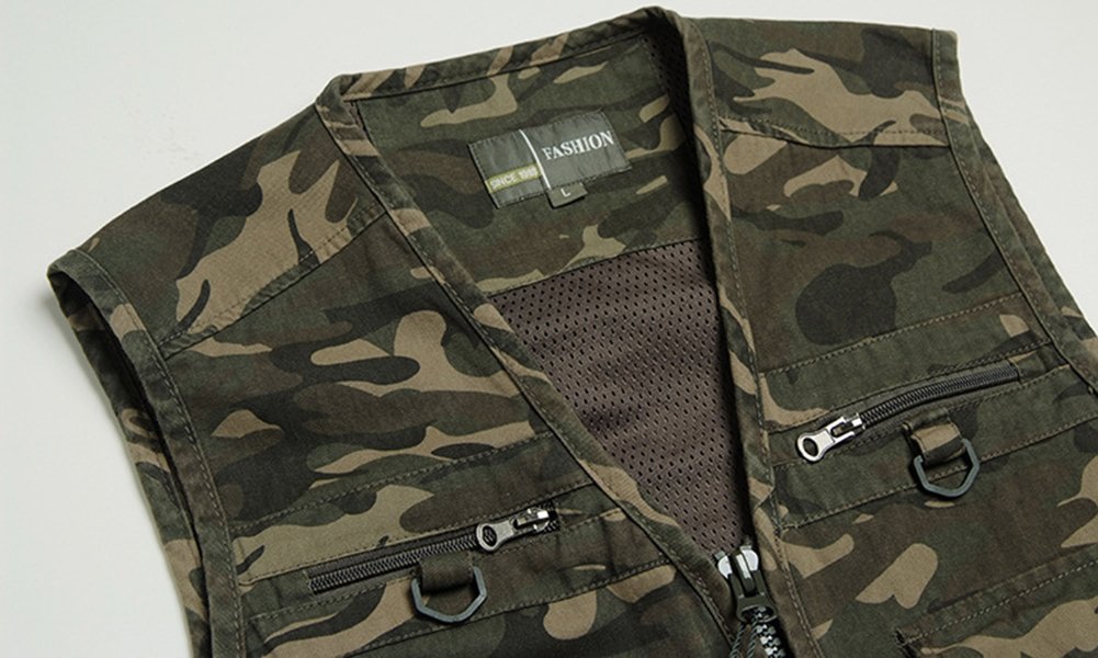 Uomo Outdoor Multi-Intascato Caccia E Gilet da Pescatore Colletto A V Zip Camuffamento Gilet Multifunzionale