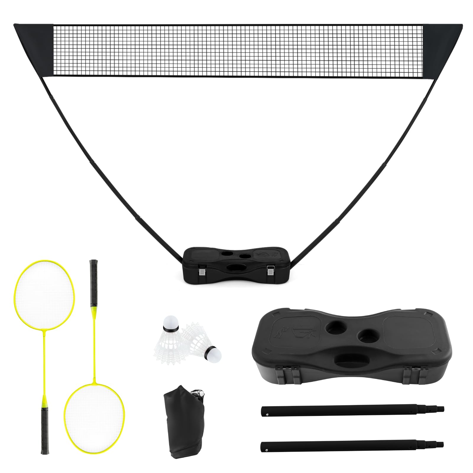 SPOTRAVEL Portable Badminton Net Set with Freestanding Base, Folding Badminton Net with 2 Badminton Rackets and 2 Shuttlecocks for Indoor Outdoor Games (Black)