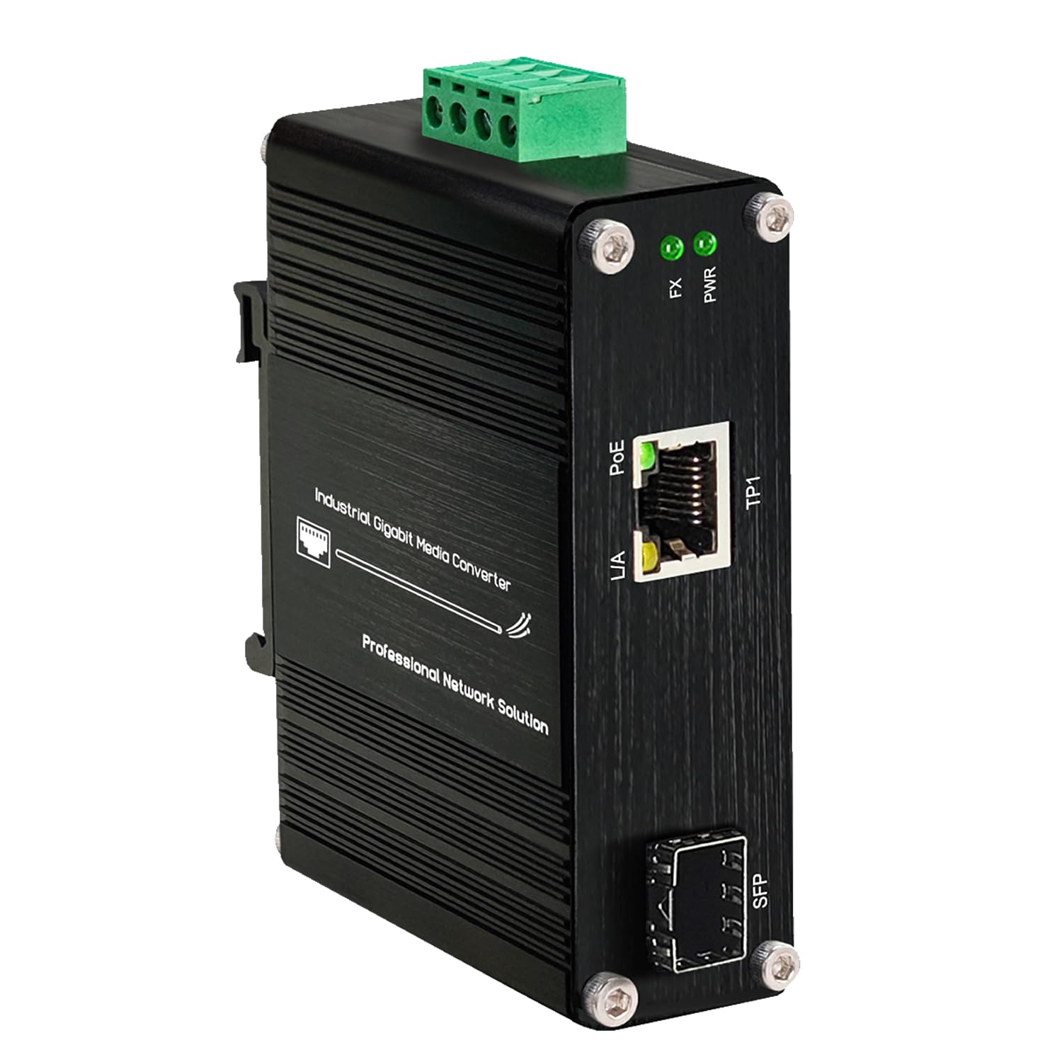 Mini Industrial 30W PoE+ Media Converter – DIN-Rail or Wall-Mount, 100/1000BASE-X SFP to 10/100/1000BASE-T, Full/Half-Duplex, IEEE 802.3af/at,-40°F to 167°F Operating Temperature