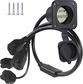 15A AC Port Plug - 125V Power Inlet Socket with Dual 18 Inch Extension Cord, NEMA 5-15 Plug Flanged Inlet with Waterproof Cover Outdoor Extension Cable, Shore Power Outlet for RV Boat Trailer