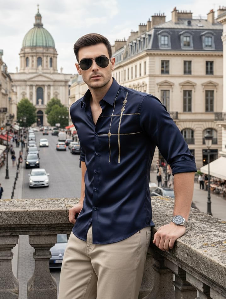 Image of IndoPrimo Men's Premium Satin Shirt for Party, Formal and Casual Wear - Stylish Designer Full Sleeve Shirt for Men