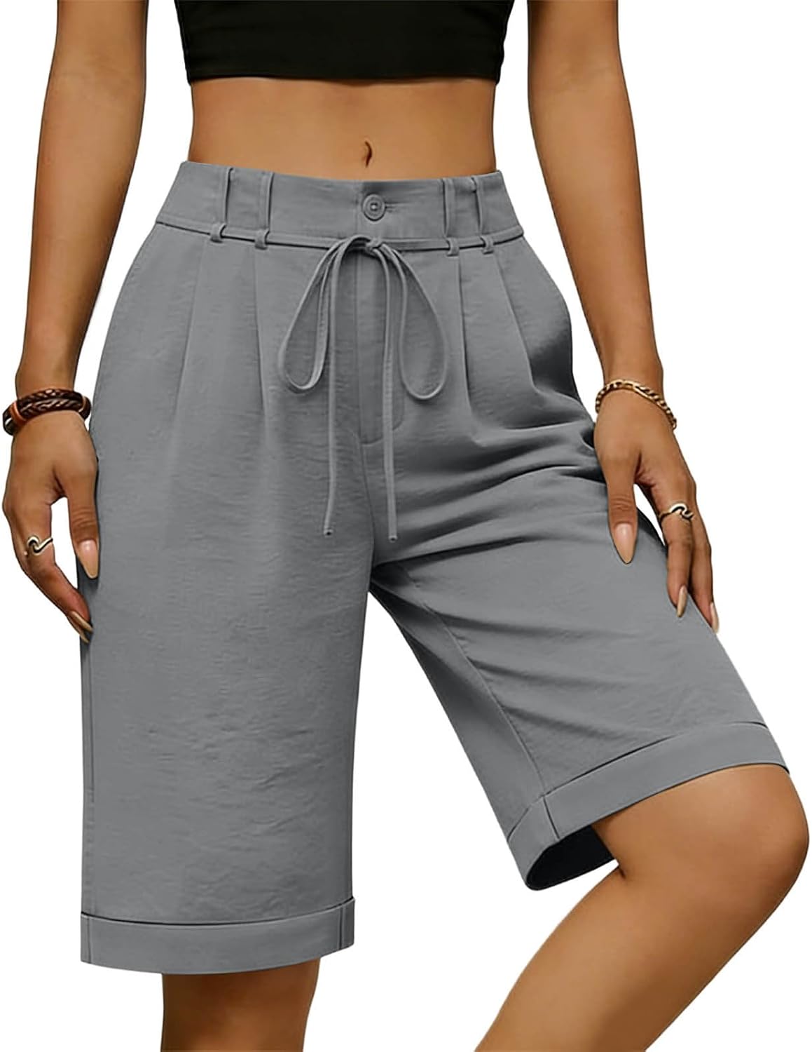 Summer Cotton Linen Shorts for Women Dressy Casual Bermuda Shorts Elastic High Waisted Knee Length Short with Pocket