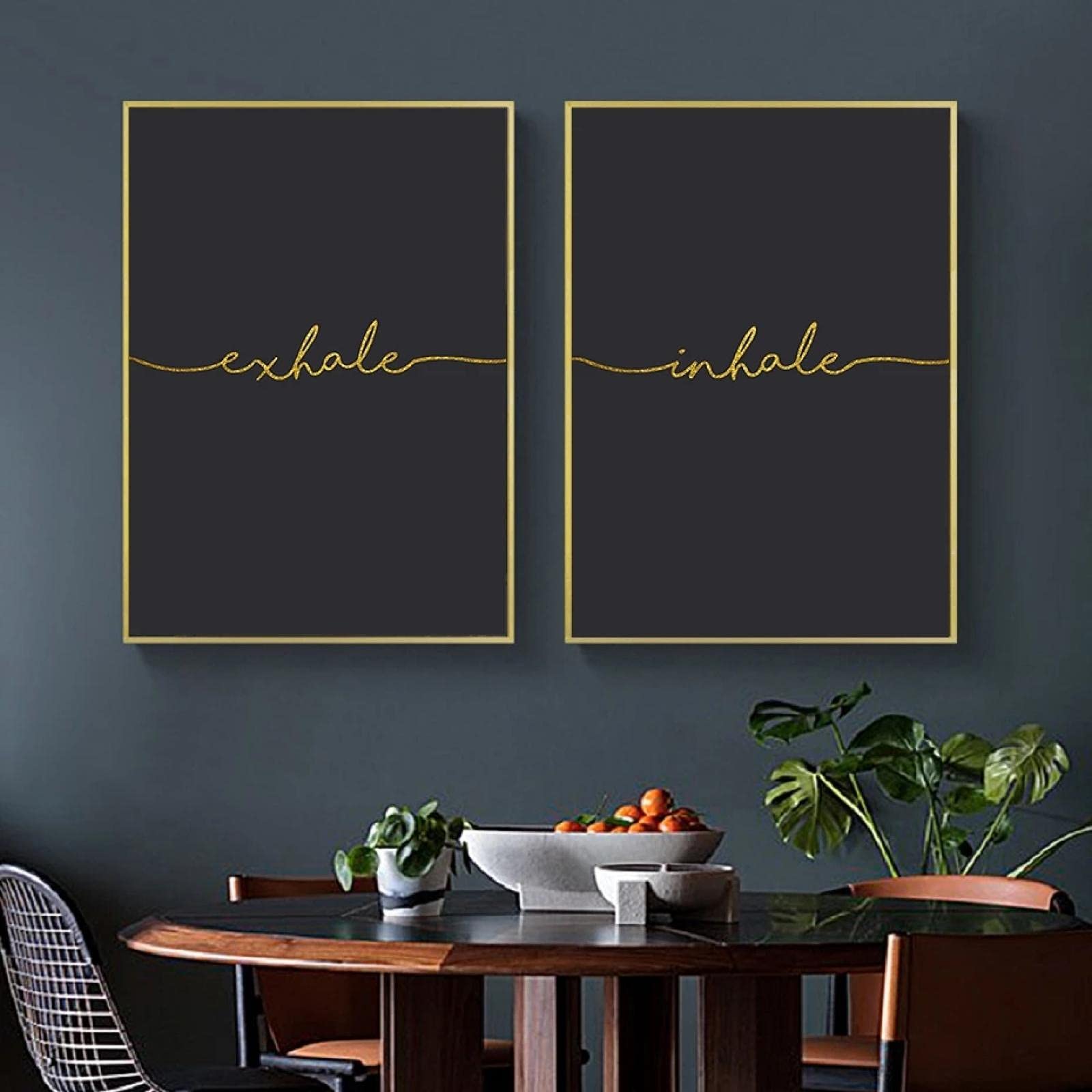 Yooyu Black Gold Silver Inhale Exhale Arte de la pared Impresiones Carteles Letras Citas Pintura en lienzo para la sala de estar Decoración del hogar 55x80cmx2 Marco interno