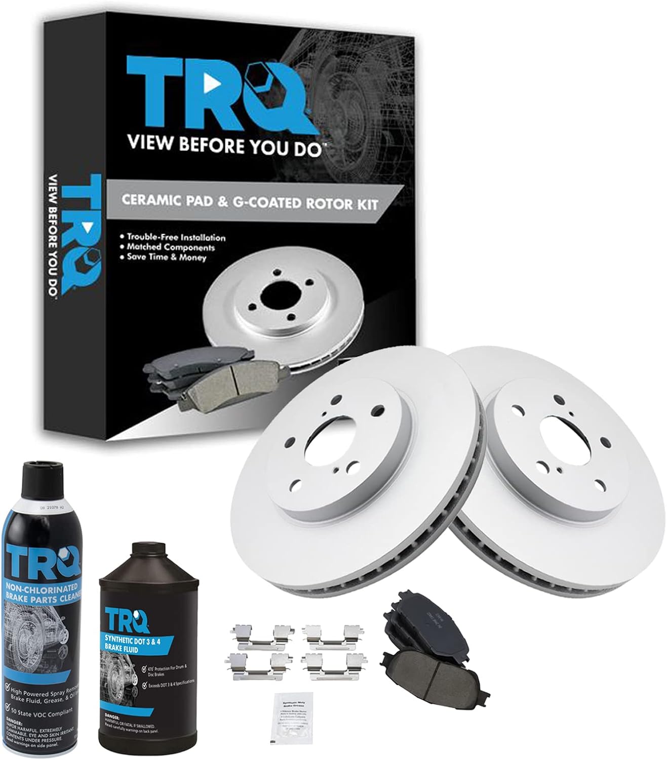 TRQ Front Ceramic Brake Pad & G-Coated Rotor Kit w/Chemicals Compatible with Toyota Lexus