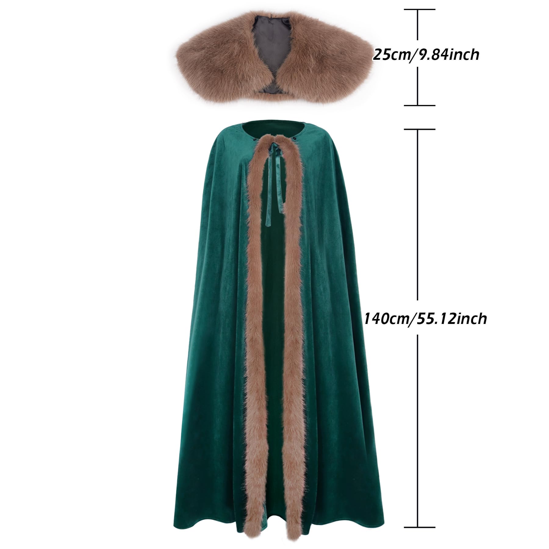 keland Renaissance Samt Umhang mit Wikinger Fell Kragen für Damen Halloween Kostüm (Grün )
