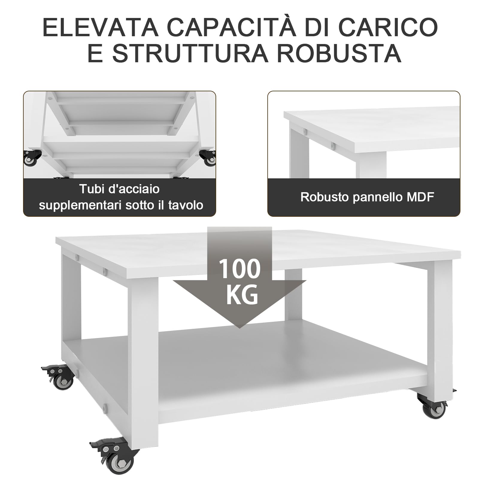 PUNCIA Supporto per Stampante a 2 Livelli Mobili per Stampanti 60x60x32,5CM Tavolo Scorrevole Gravosi Carrello Mobile Sotto il Tavolo con Rotelle Ripiano di Stoccaggio per Ufficio e Casa (Bianco)