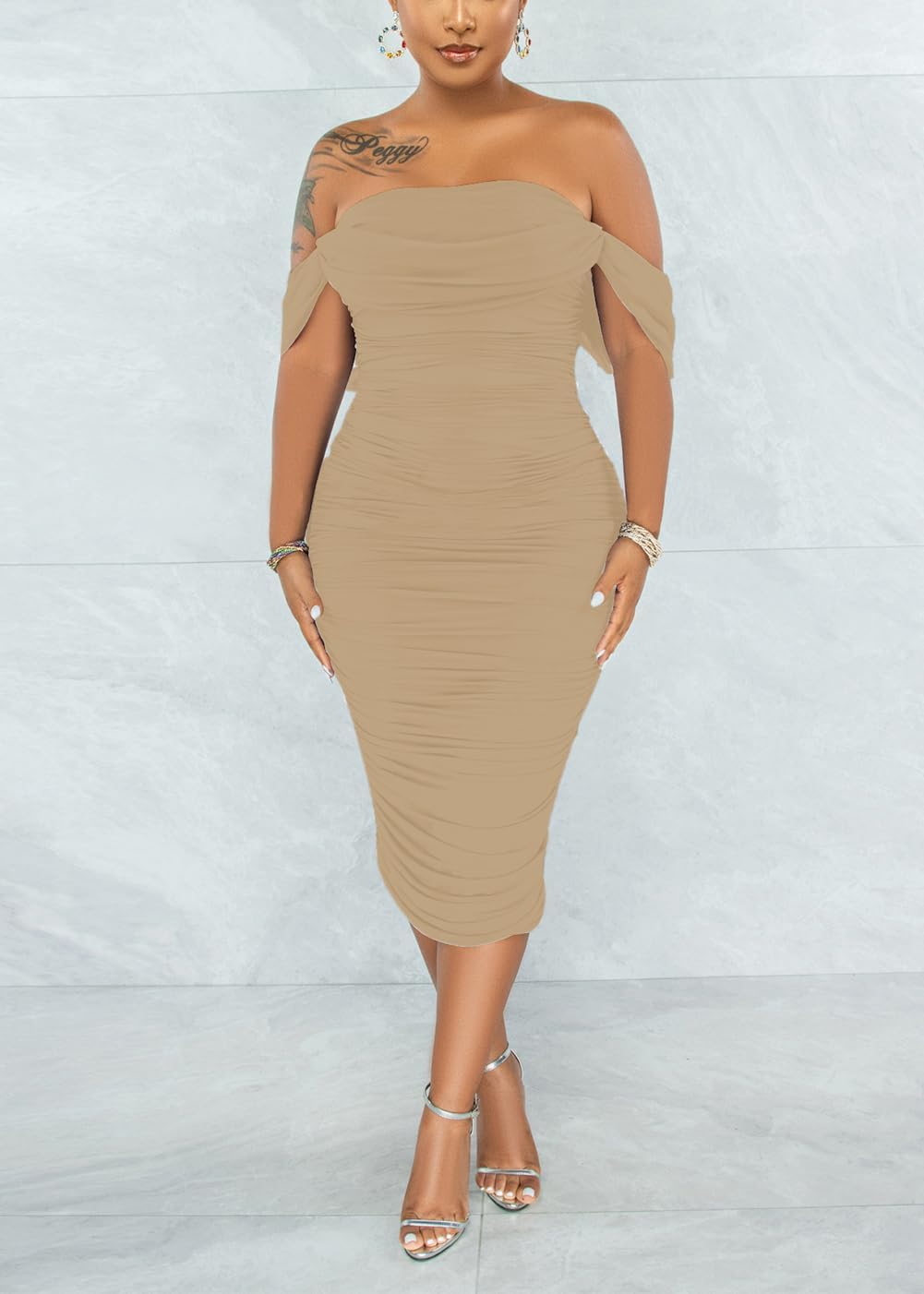 Women's Sexy Off Shoulder Sleeveless Bodycon Ruched Midi Elegant Cocktail Evening Party Night Tube Dresses - Image 2