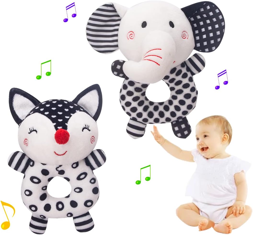 Newborn Stroller Toys, Hanging Baby Toys High Contrast Black and White Animal Rattle Music Toy Infant Sensory Toys for Boys Girls 0 3 6 12 Months (2 Packs Baby Rattles Toys) (White)